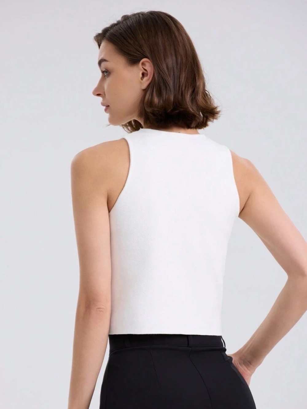 White Sleeveless Button-Front Knit Top - Picture 2 of 4